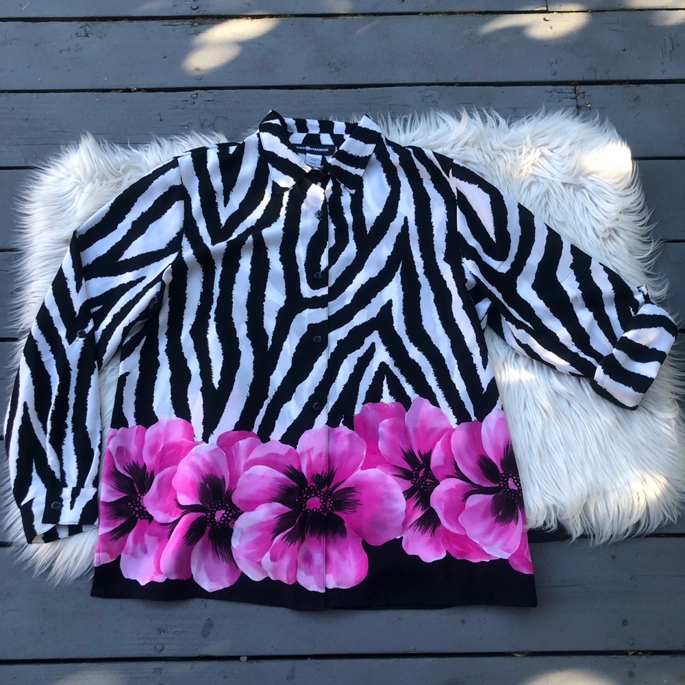 Sag Harbor Zebra Border Floral Print Collar Button-Up Long Sleeves Blouse 14